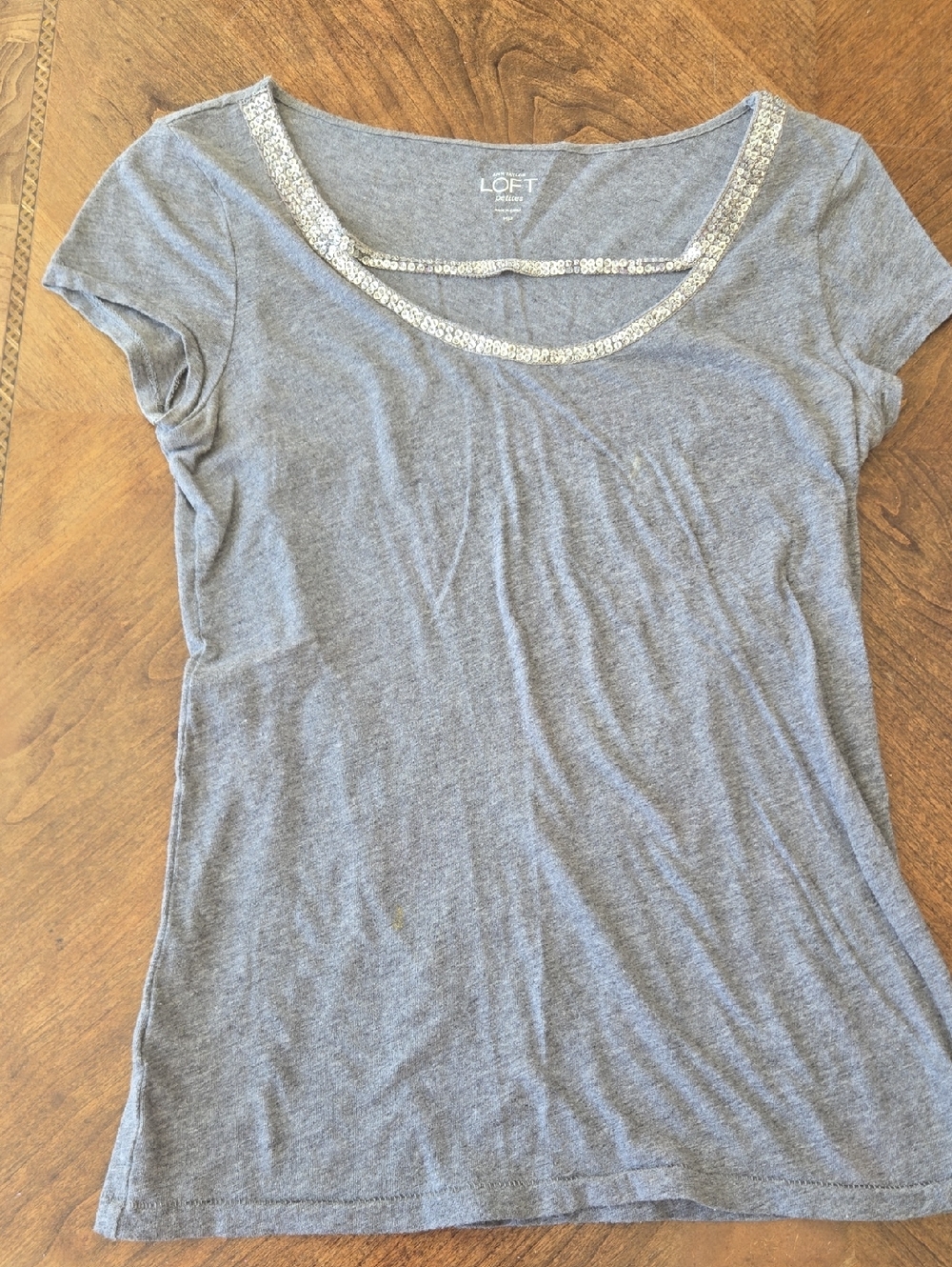 LOFT Gray Scoop Neck Tee with Sequin-Trim